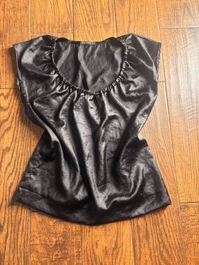 Satin Black Cap-Sleeve Blouse with Ruffle Scoop Neck